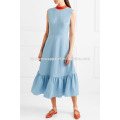 Hot Sale Blue Sleeveless Ties Ruffled Hem Midi Summer Daily Dress Manufacture Wholesale Fashion Women Apparel (TA0002D)